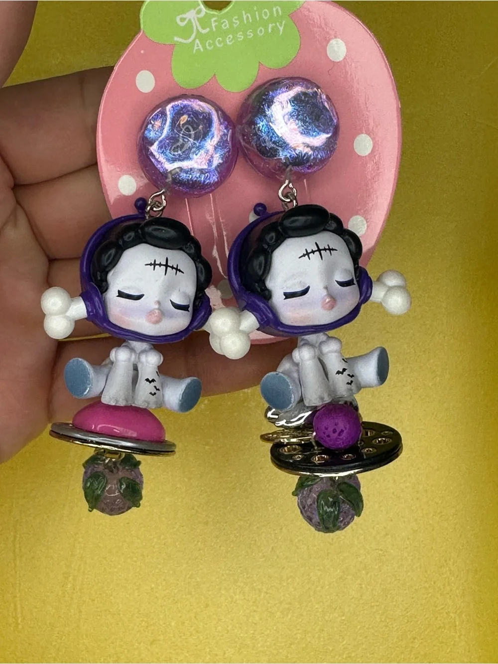 Skull panda  Purple Cartoon Character Dangle Earrings -